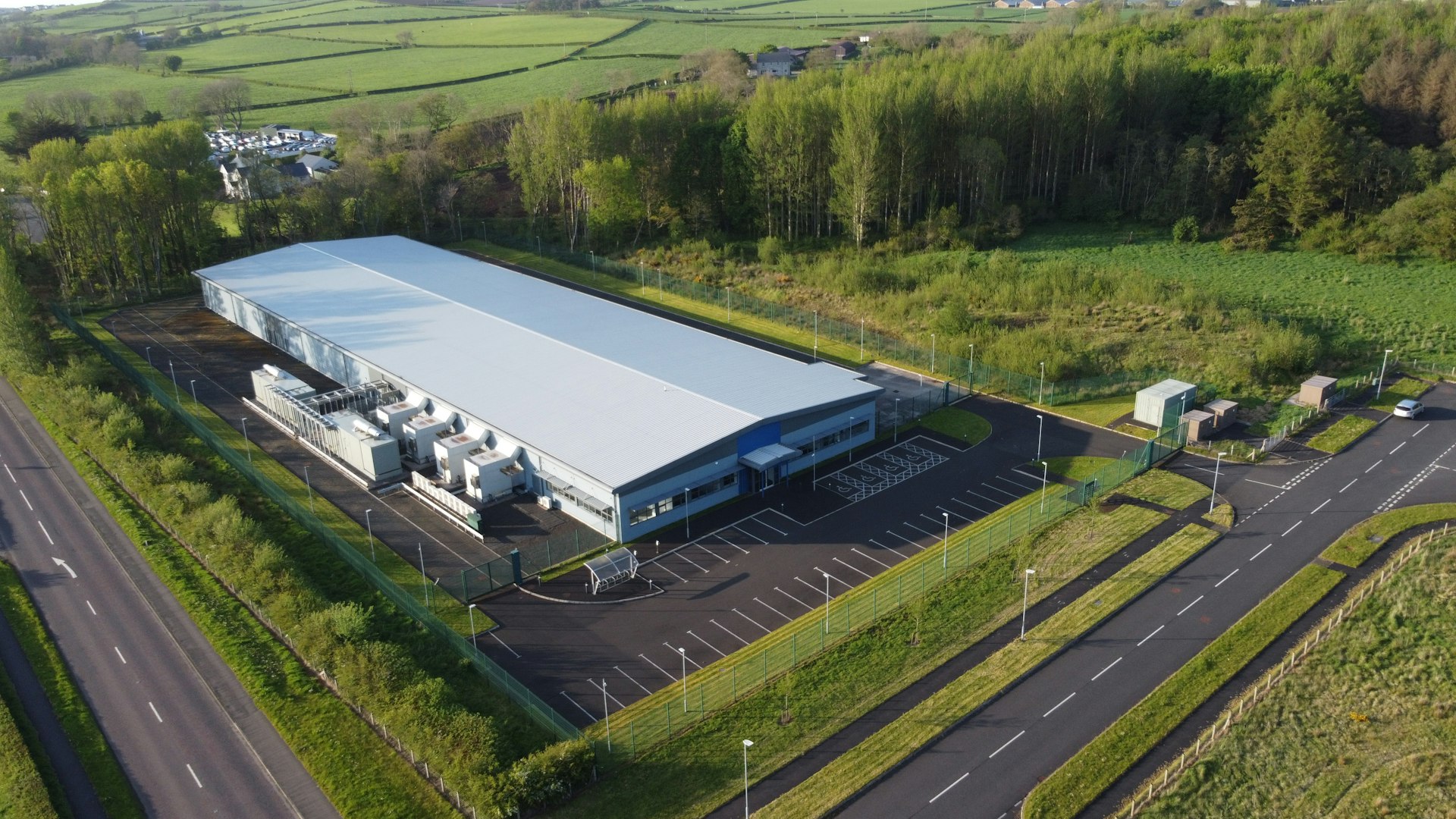 Aerial view of a large completed industrial facility