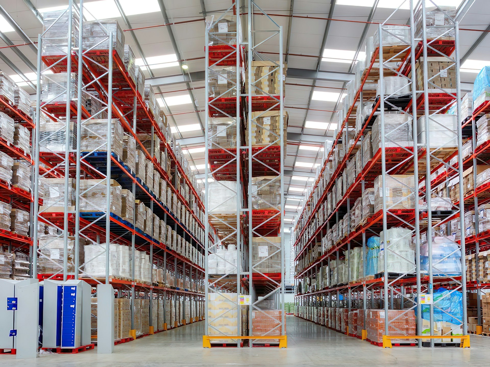 Interior of a large warehouse with steel storage racking